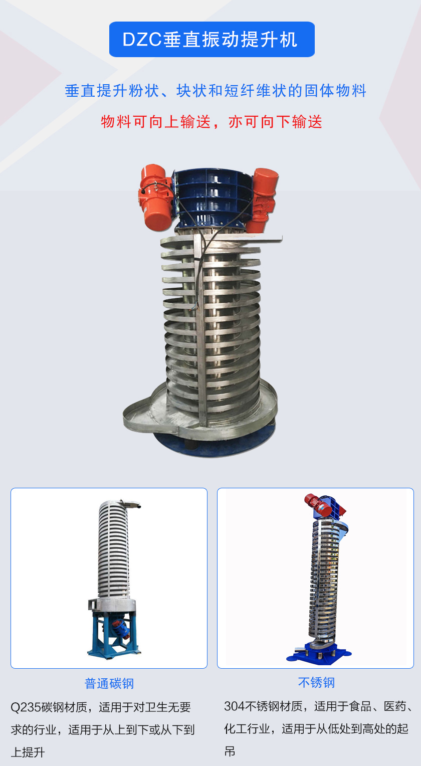 垂直提升粉狀、塊狀和短纖維狀的固體物料物料可向上輸送,亦可向下輸送